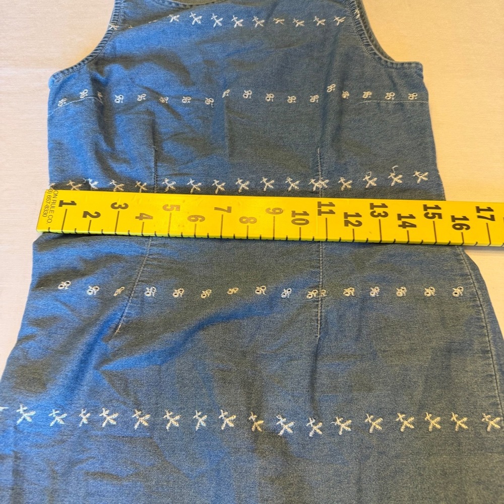 Vintage Express Denim Embroidered Dress Womens 9/10 Blue Sleeveless Y2K Cottage - Picture 11 of 13